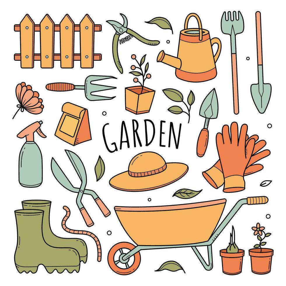 Set of Gardener Tools in Doodle Style vector