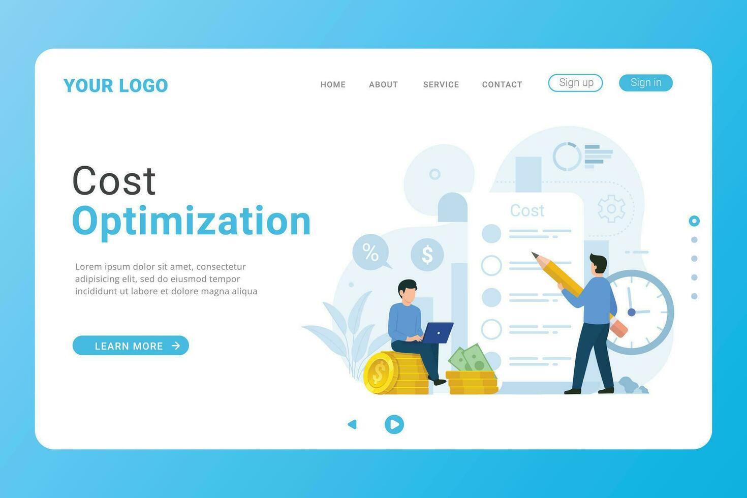 Landing page Cost Optimization Concept. Spending and cost reduction vector