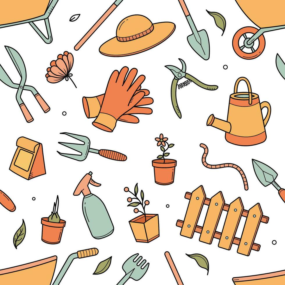 Gardener Tools in freehand vector doodle sketches seamless pattern
