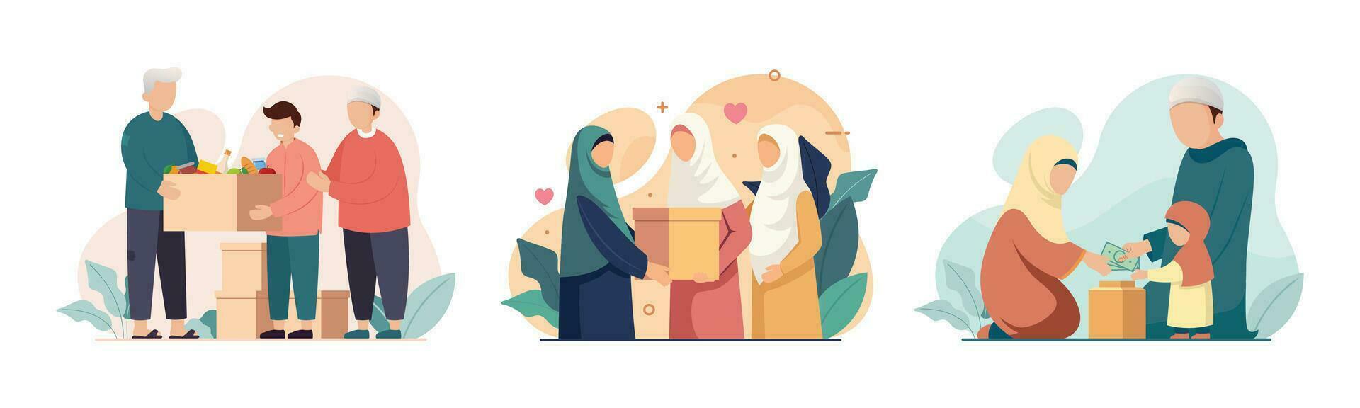 conjunto de musulmán personas dando donación y caridad plano estilo vector ilustración