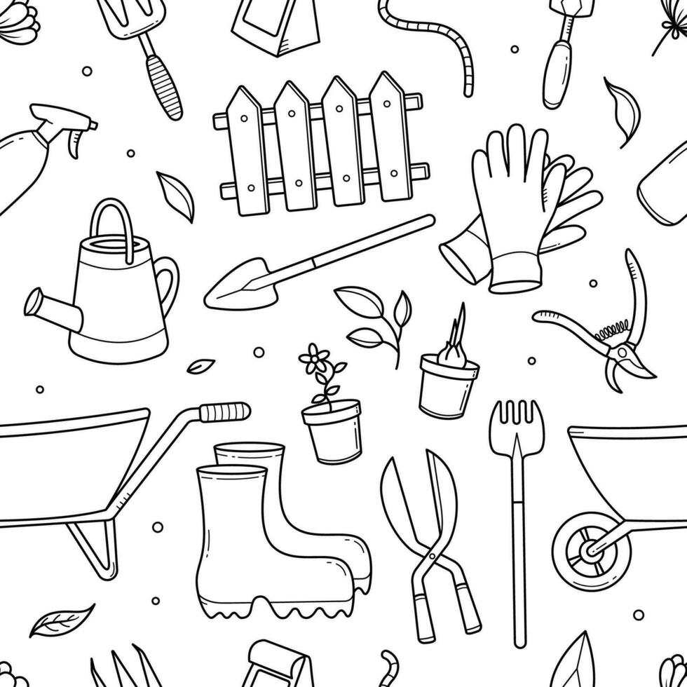 Gardener Tools in freehand vector doodle sketches seamless pattern