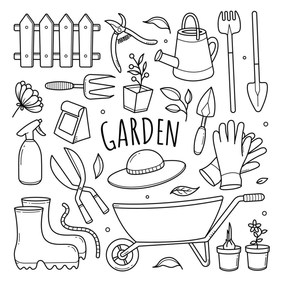 Set of Gardener Tools in Doodle Style vector