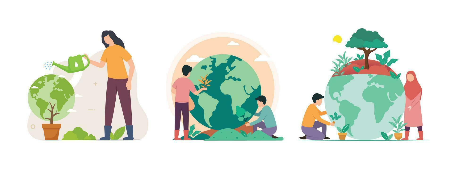 Illustration Set of People taking care the earth. Earth Day Concept vector illustration