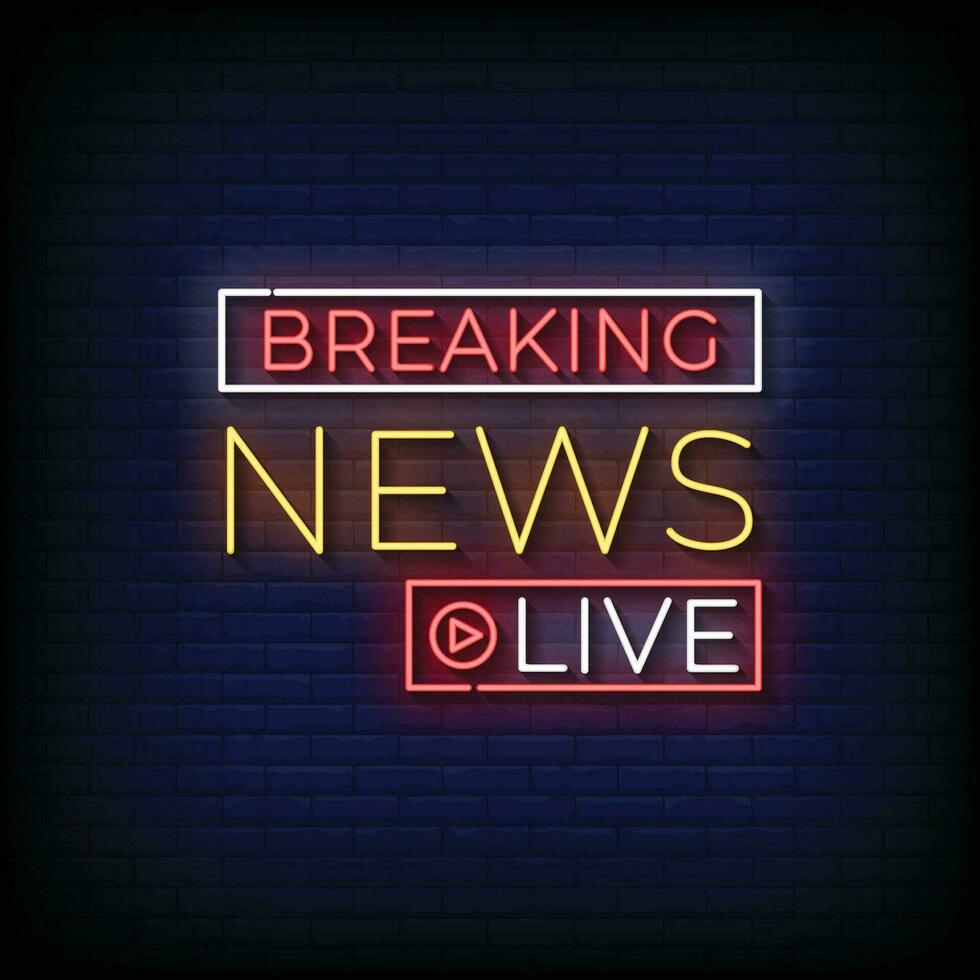 Neon Sign breaking news live with brick wall background vector