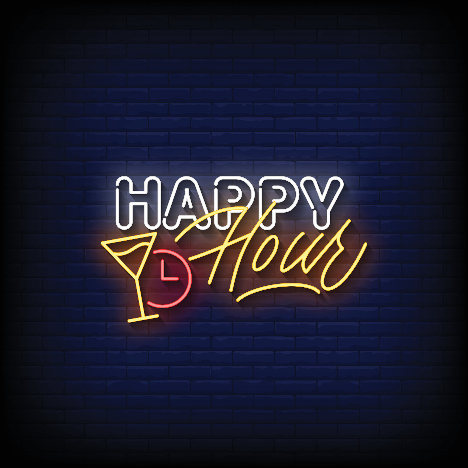 Neon Sign happy hour with brick wall background vector 26169807 Vector
