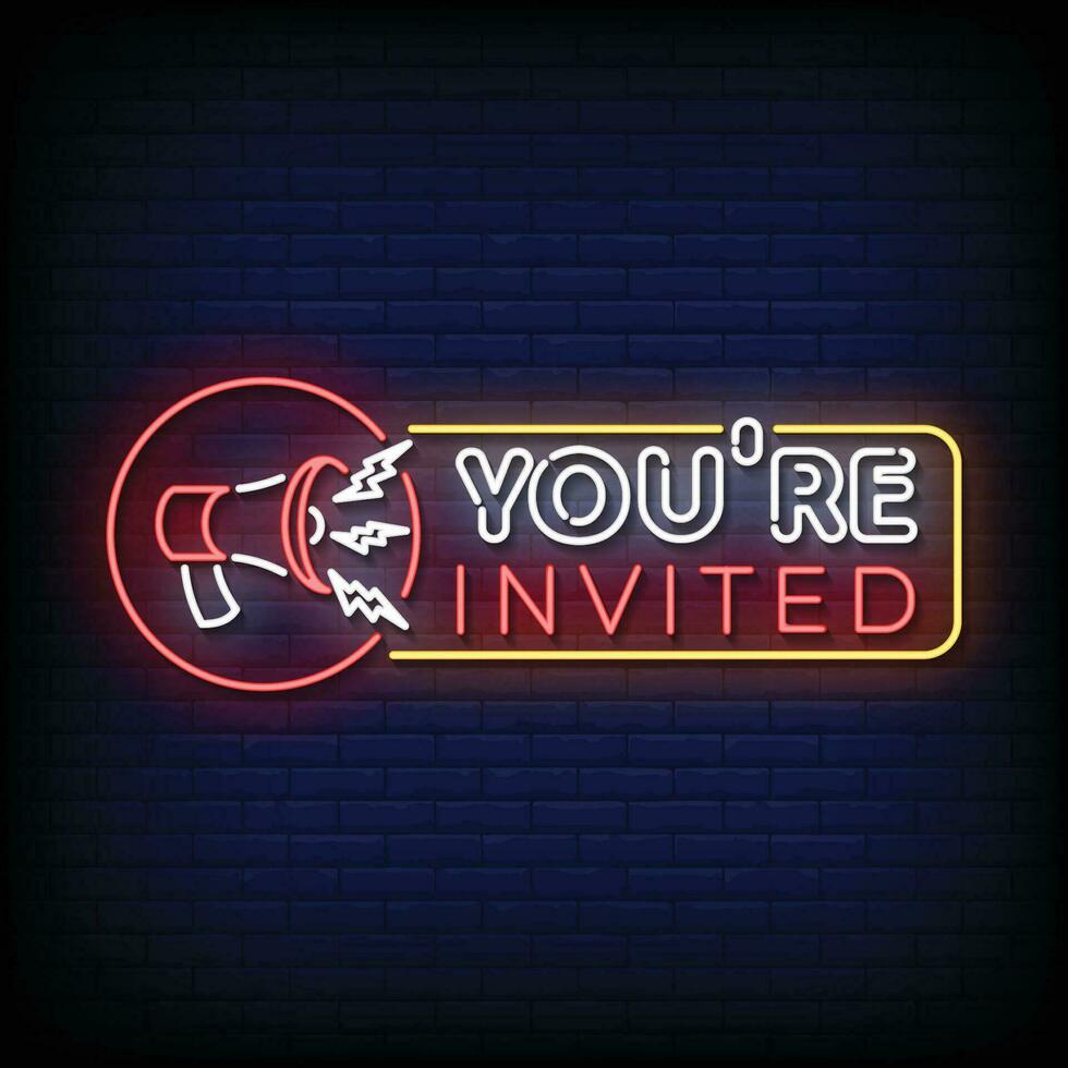 Neon Sign you are invited with brick wall background vector
