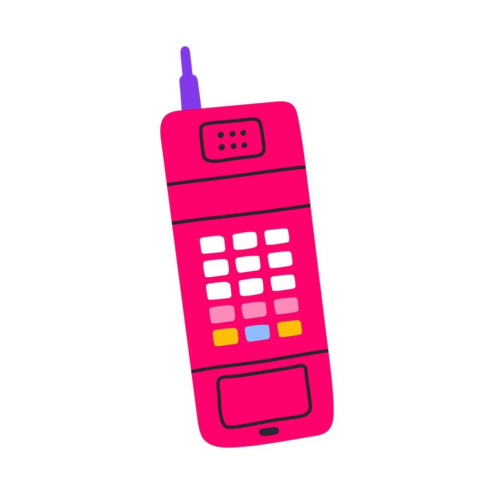 clásico Años 80 90s rosado móvil teléfono en moderno plano estilo. mano dibujado vector ilustración. Moda parche, insignia, emblema. vector ilustración