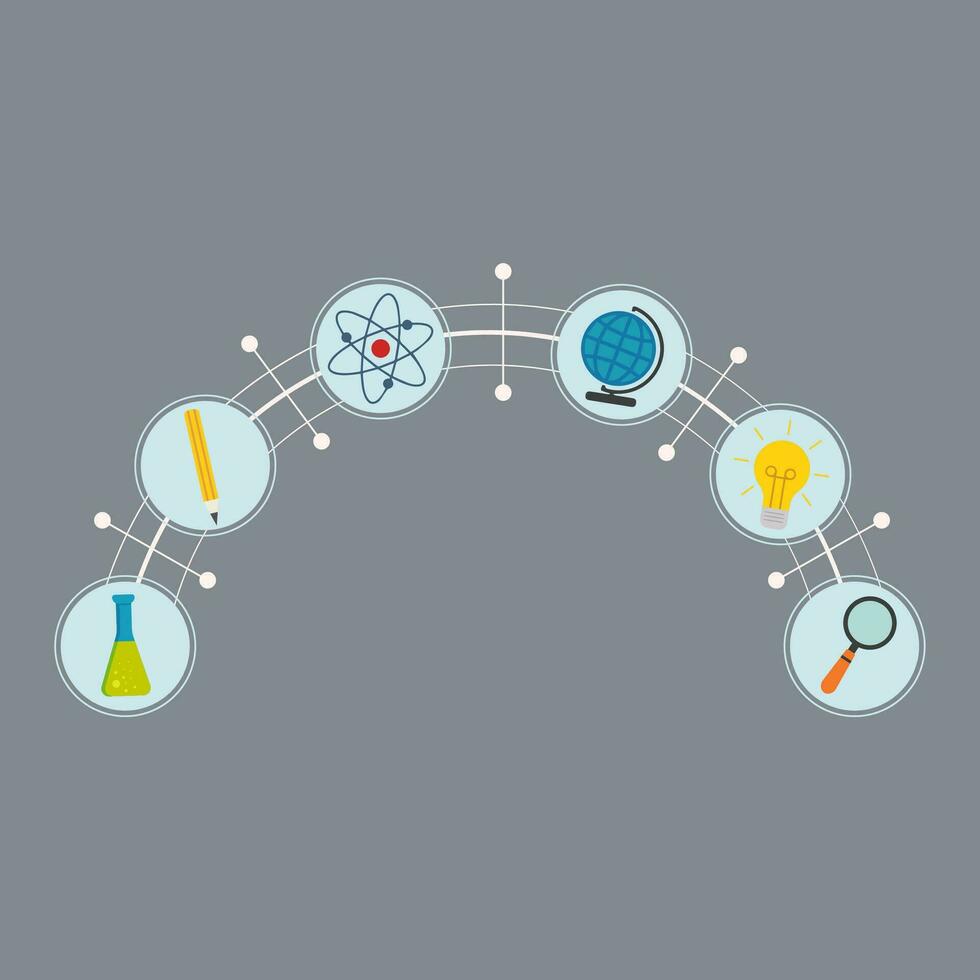 arch of icons on the theme of school, education themed flask, pencil, atom, globe, light bulb, magnifier vector