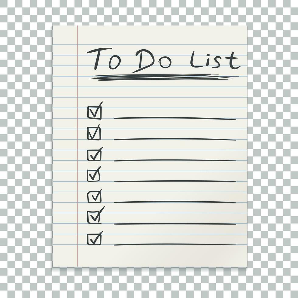 Realistic line paper note. To do list icon with hand drawn text. School business diary. Office stationery notebook on isolated background vector