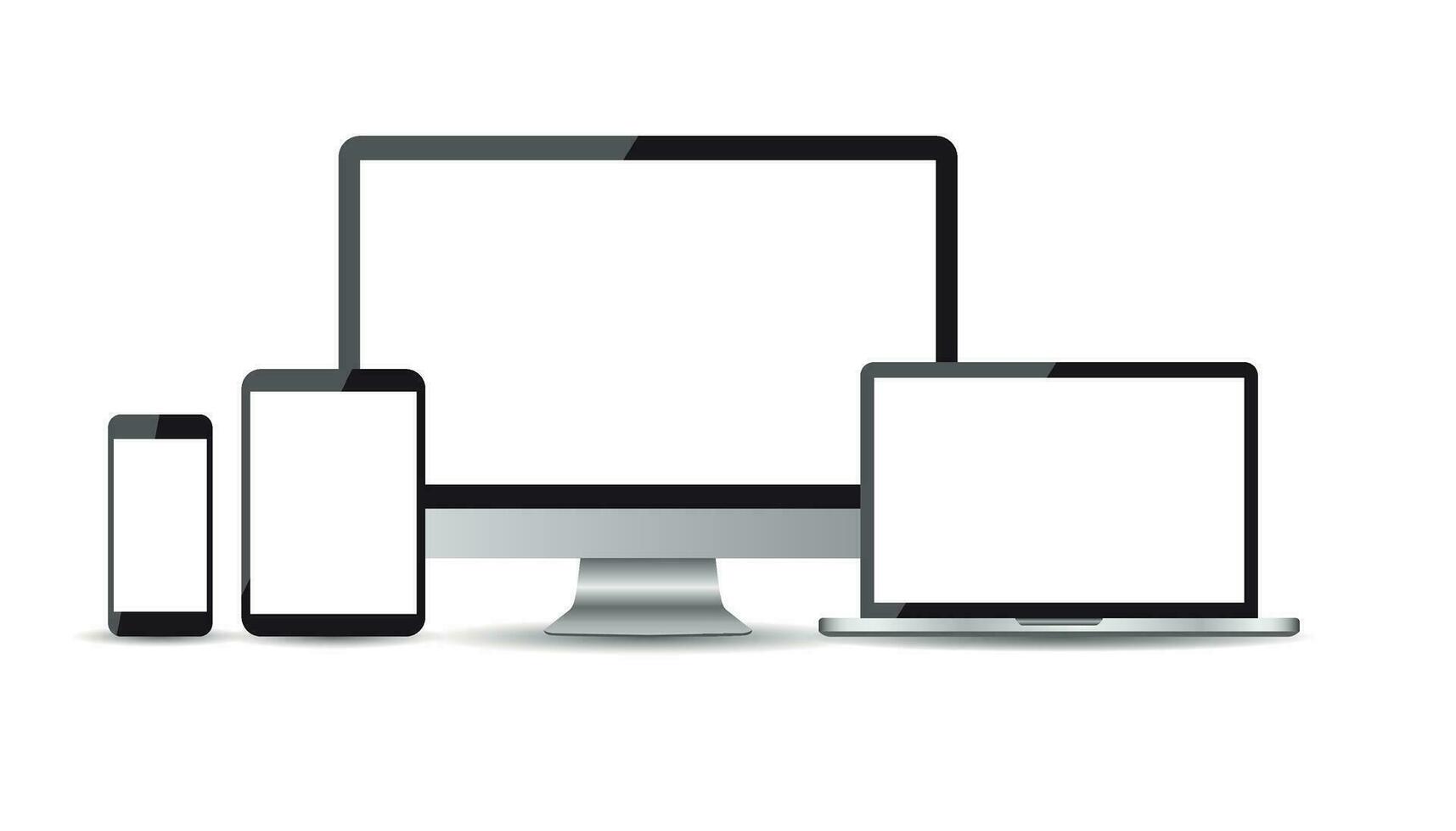 Realistic device flat Icon smartphone, tablet, laptop and desktop computer. Vector illustration