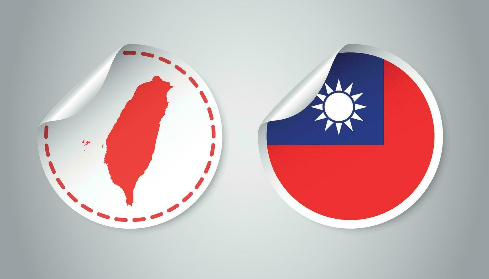 Taiwan sticker with flag and map. Label, round tag with country. Vector illustration on gray background.