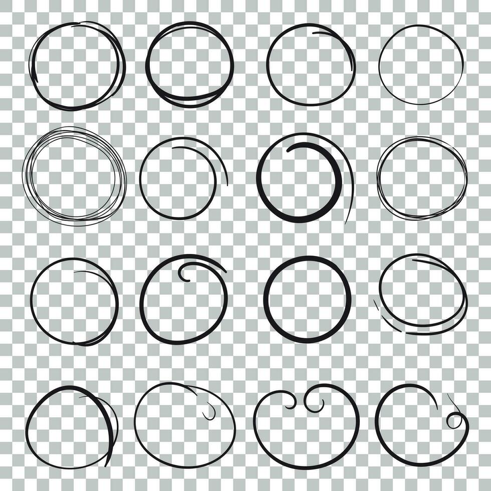Hand drawn circles icon set. Collection of pencil sketch symbols. Vector illustration on isolated background.