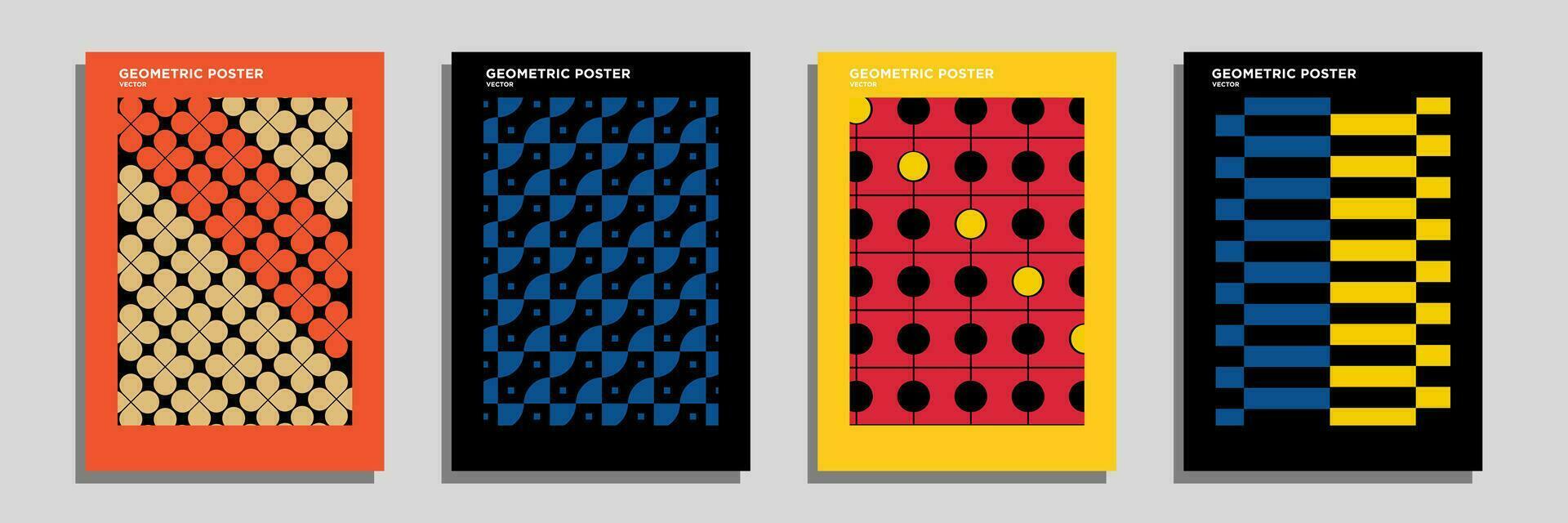 Retro geometric pattern background, vector abstract circle, triangle and square lines art. Trendy colorful bauhaus pattern backgrounds op-art set