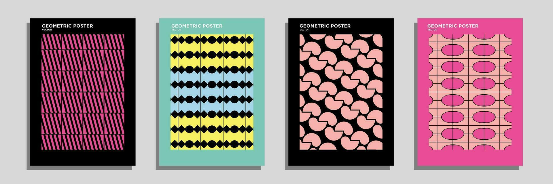 Retro geometric pattern background, vector abstract circle, triangle and square lines art. Trendy colorful bauhaus pattern backgrounds op-art set