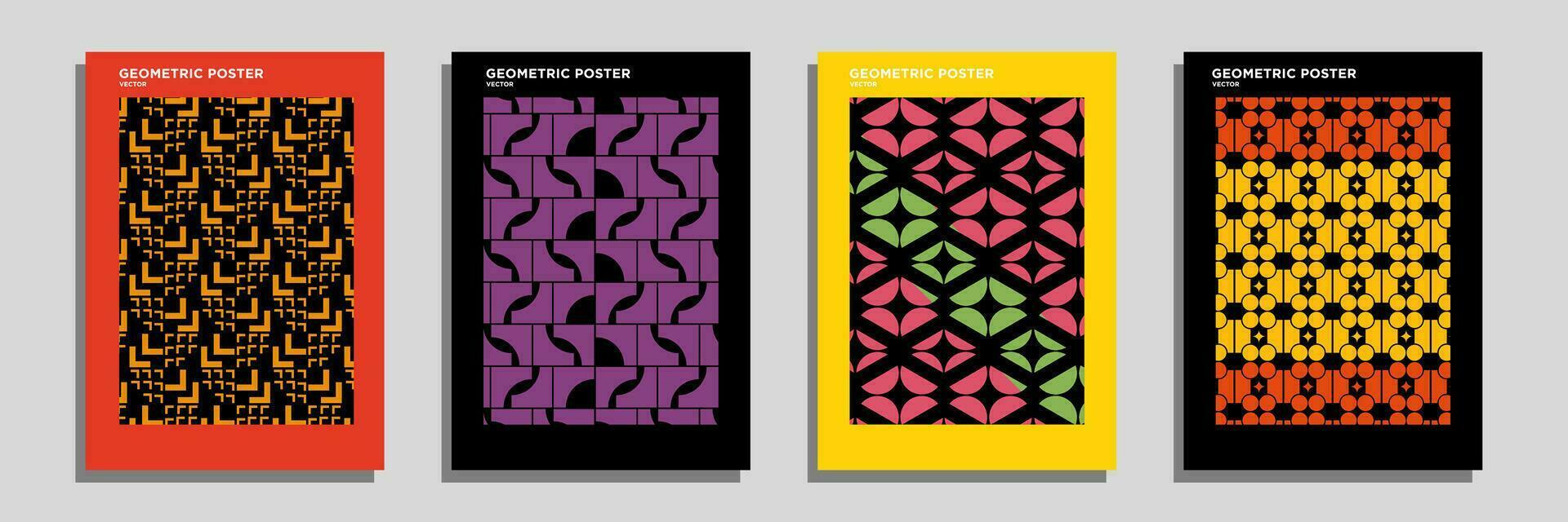 Retro geometric pattern background, vector abstract circle, triangle and square lines art. Trendy colorful bauhaus pattern backgrounds op-art set
