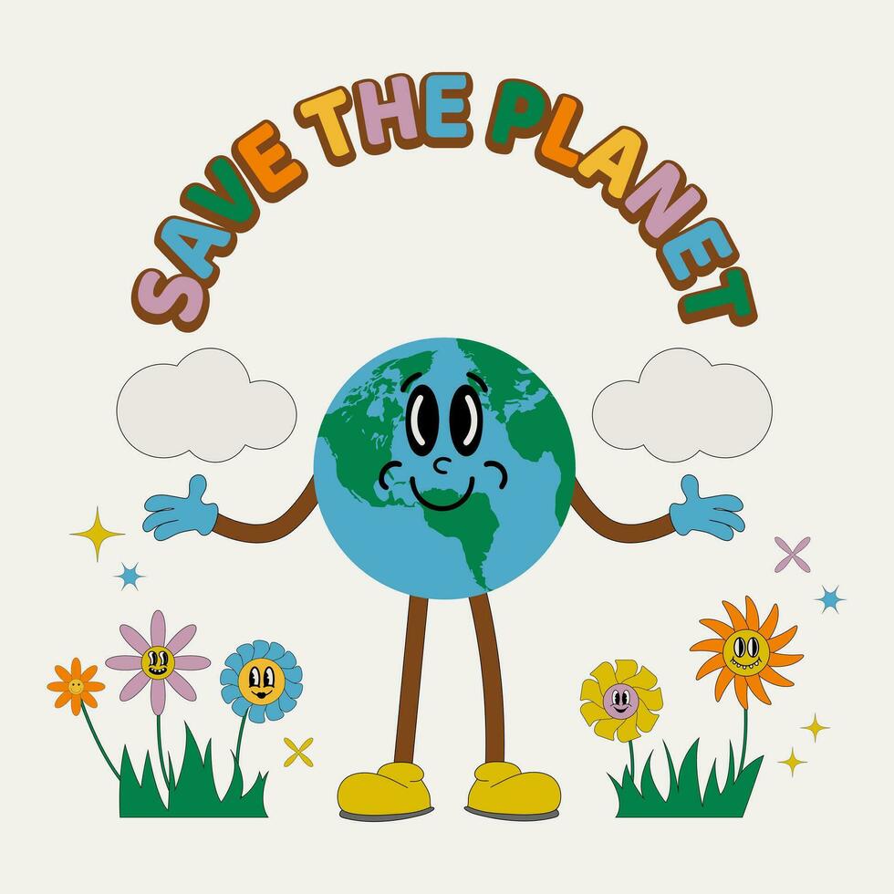 Earth character in 70s retro style. Postcard for Earth Day. Save our planet. Talisman of the planet, earth. vector