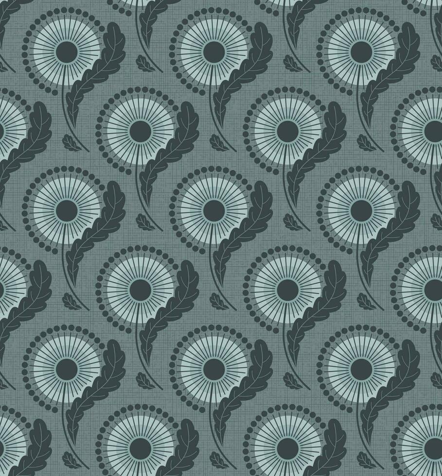 MINT LIGHT BLUE TEXTURED VECTOR SEAMLESS BACKGROUND WITH BLOOMING DANDELIONS IN ART NOUVEAU STYLE