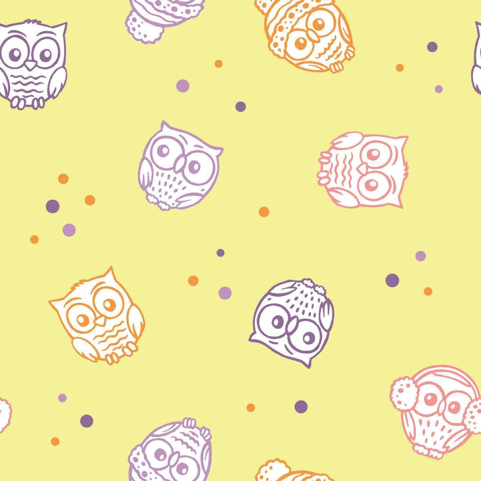 Vector colorful illustration of pattern with owls in childish style. Editable art for fabrics, wallpaper and etc.