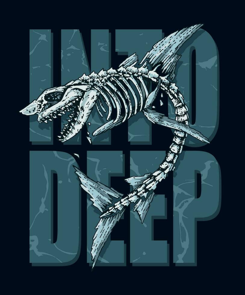 Handmade vector illustration of shark skeleton in composition with lettering. Editable art for printing on t-shirts, posters and etc.