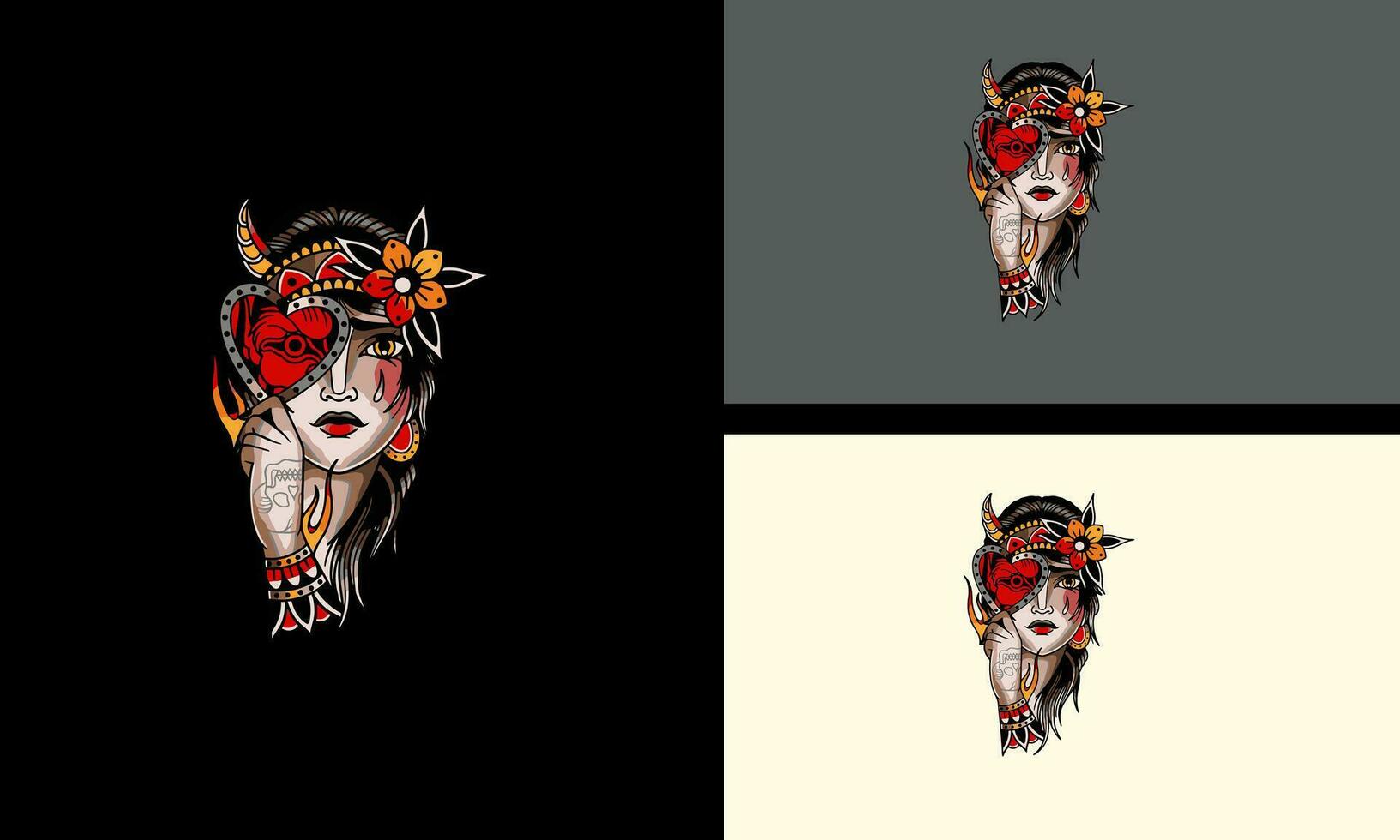 face women and red flowers vector tattoo design