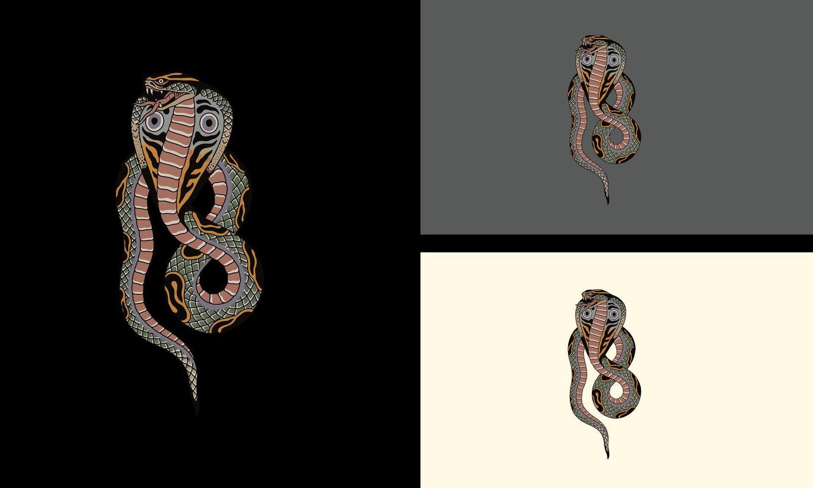 king cobra vector illustration tattoo design set