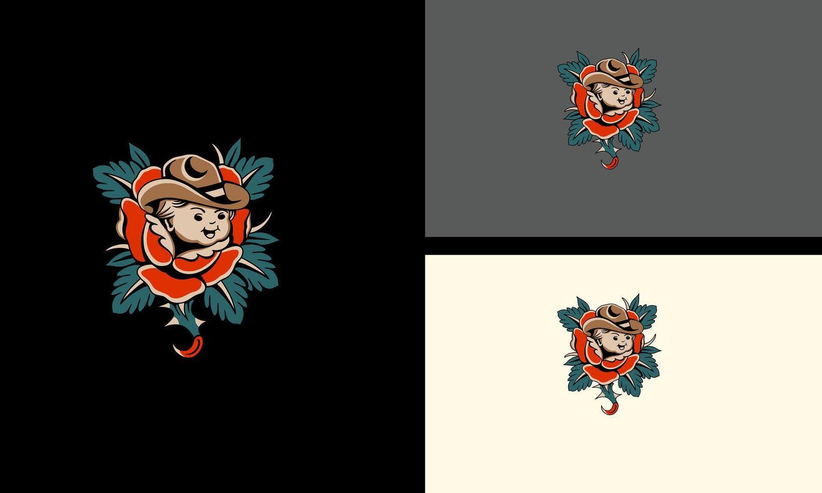 face baby and red flowers vector mascot design