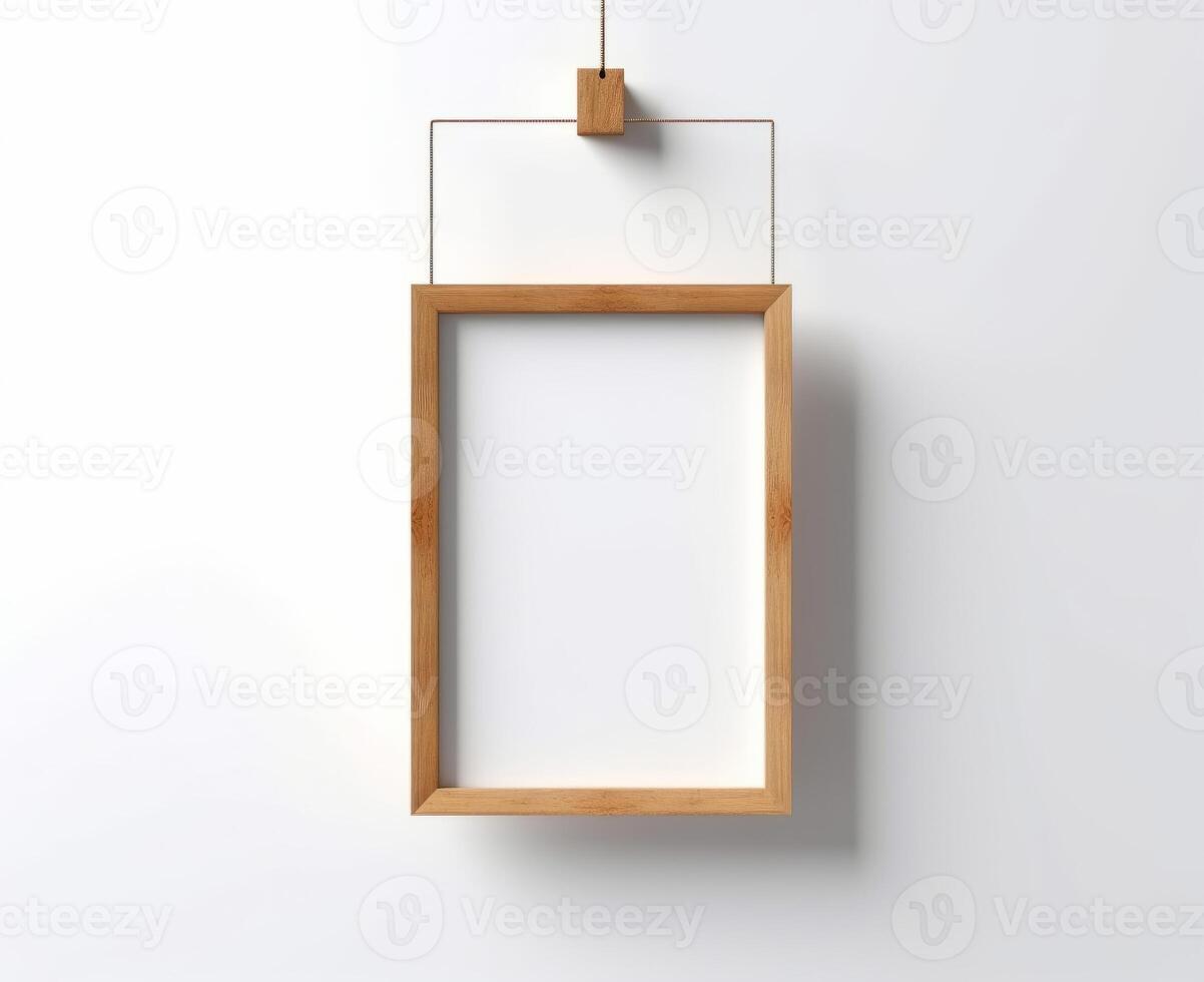 Blank Wooden Picture Frame Mockup Hanging on Wall Empty Poster Mockup for Art Display. Front View with Copy Space photo