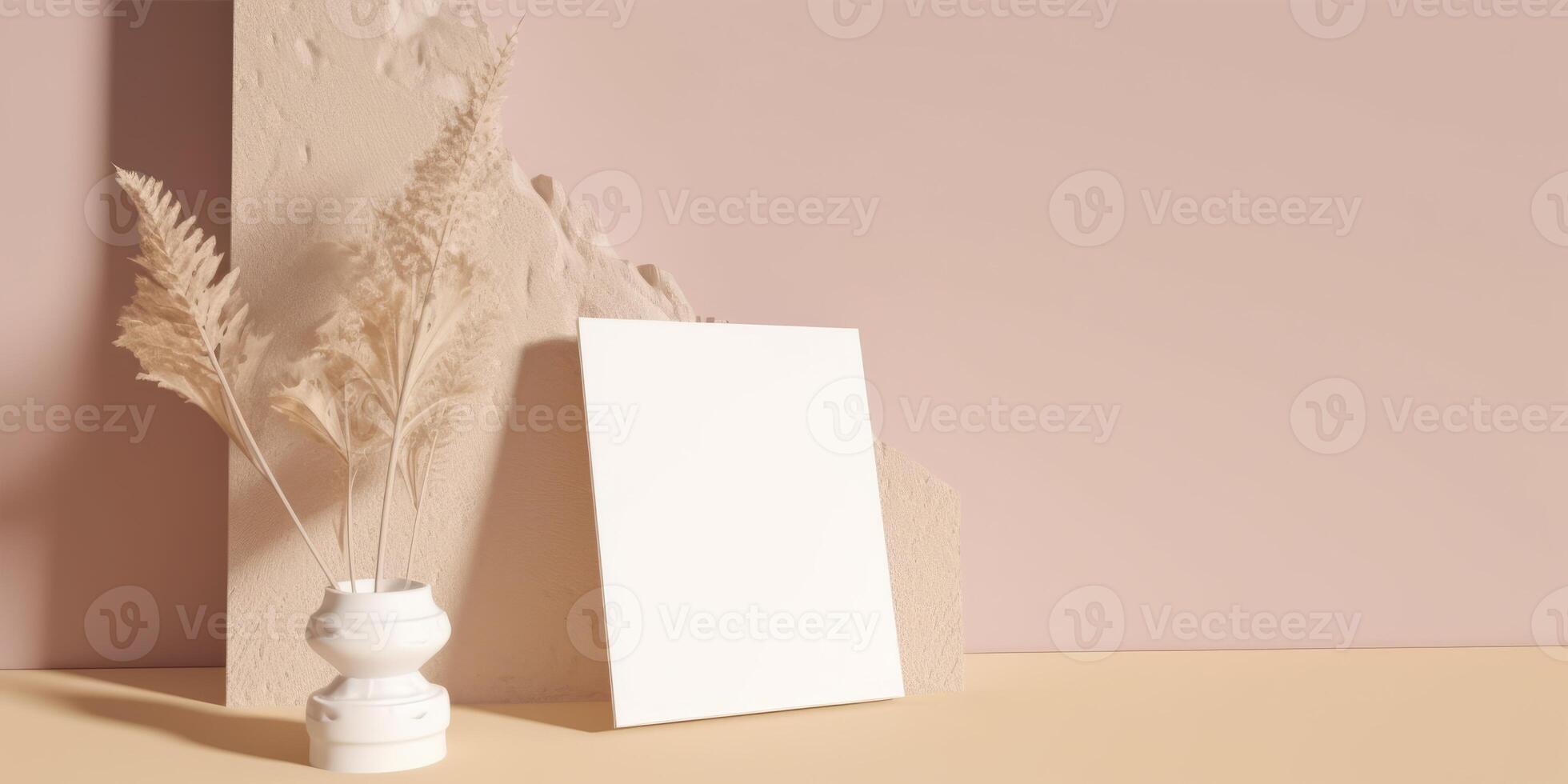 Mockup Paper Wedding Invitation Boho Minimal Style Greeting Card for Wedding Invitations and Birthday Stationery. Top View Flat Lay Copyspace. photo