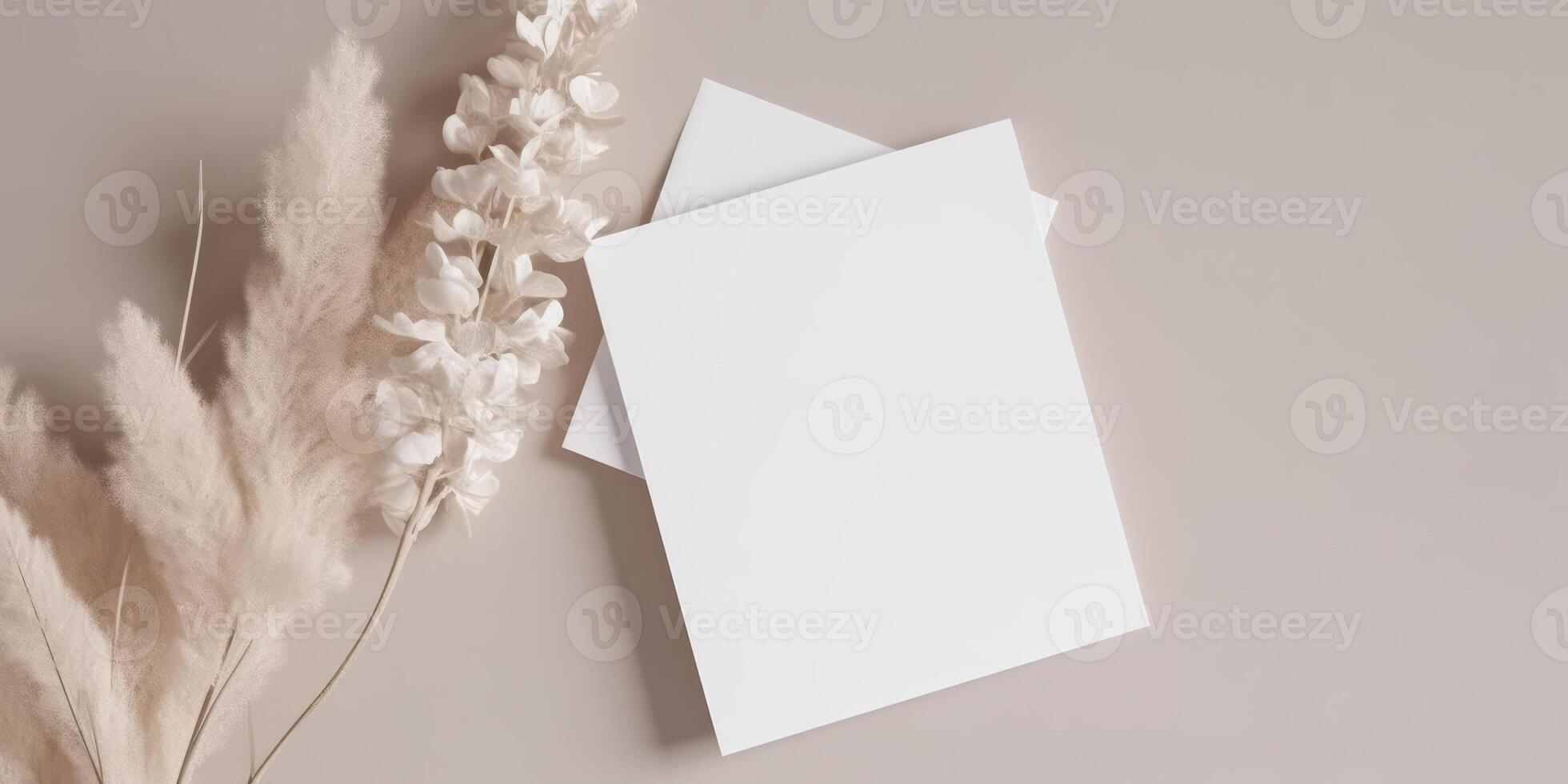 Mockup Paper Wedding Invitation Boho Minimal Style Greeting Card for Wedding Invitations and Birthday Stationery. Top View Flat Lay Copyspace. photo