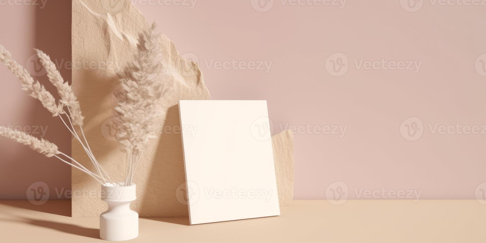 Mockup Paper Wedding Invitation Boho Minimal Style Greeting Card for Wedding Invitations and Birthday Stationery. Top View Flat Lay Copyspace. photo