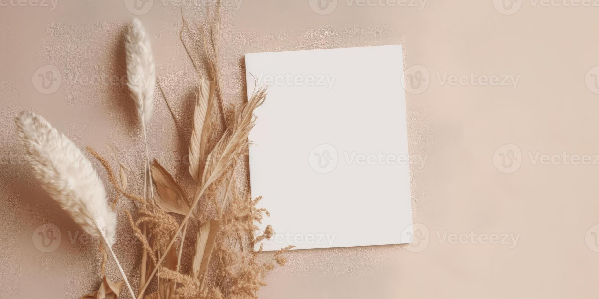 Mockup Paper Wedding Invitation Boho Minimal Style Greeting Card for Wedding Invitations and Birthday Stationery. Top View Flat Lay Copyspace. photo