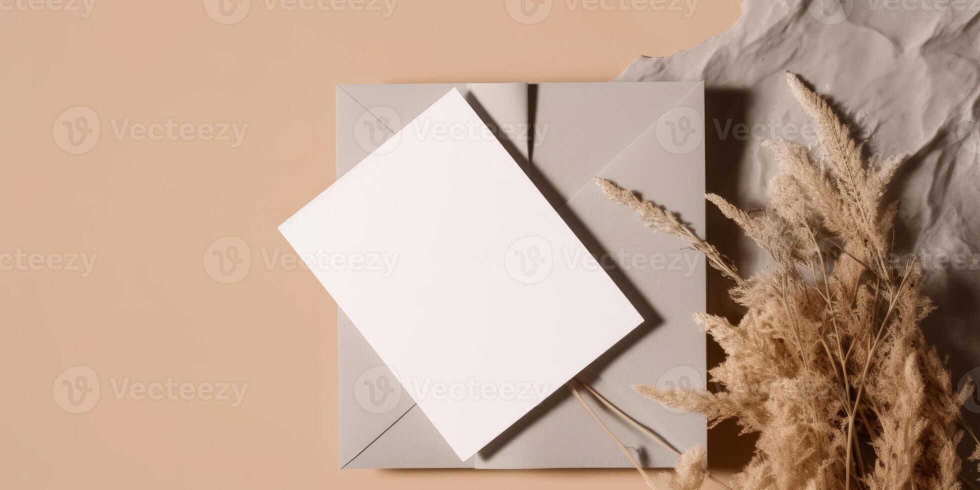 Mockup Paper Wedding Invitation Boho Minimal Style Greeting Card for Wedding Invitations and Birthday Stationery. Top View Flat Lay Copyspace. photo