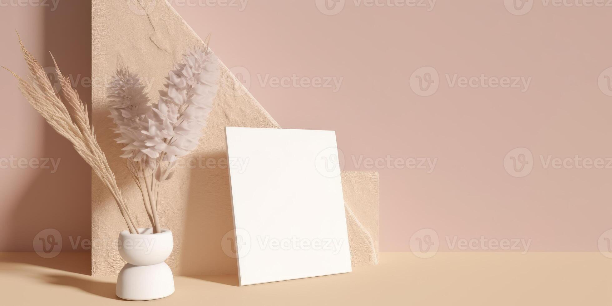 Mockup Paper Wedding Invitation Boho Minimal Style Greeting Card for Wedding Invitations and Birthday Stationery. Top View Flat Lay Copyspace. photo
