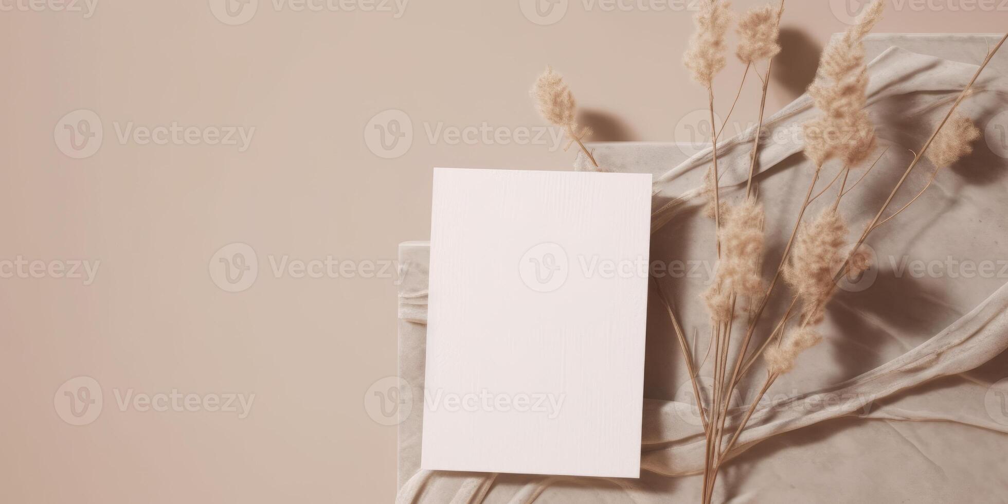 Mockup Paper Wedding Invitation Boho Minimal Style Greeting Card for Wedding Invitations and Birthday Stationery. Top View Flat Lay Copyspace. photo