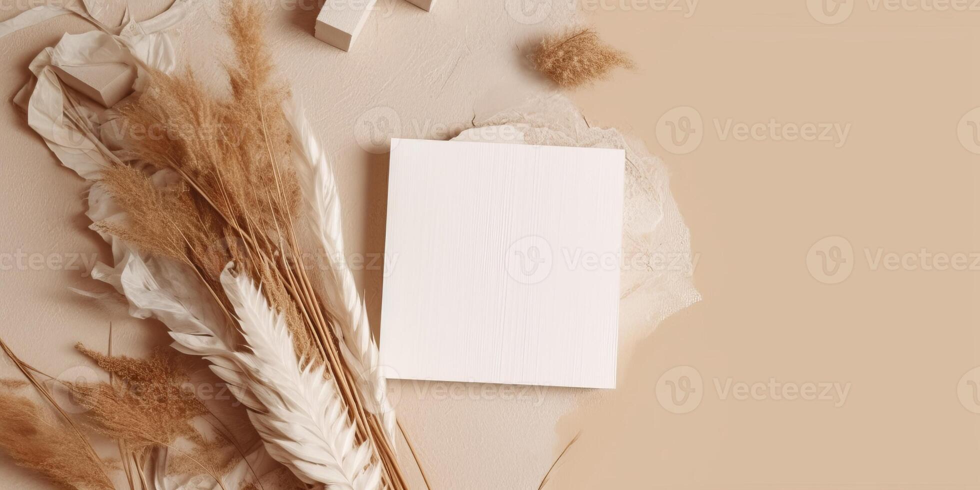 Mockup Paper Wedding Invitation Boho Minimal Style Greeting Card for Wedding Invitations and Birthday Stationery. Top View Flat Lay Copyspace. photo