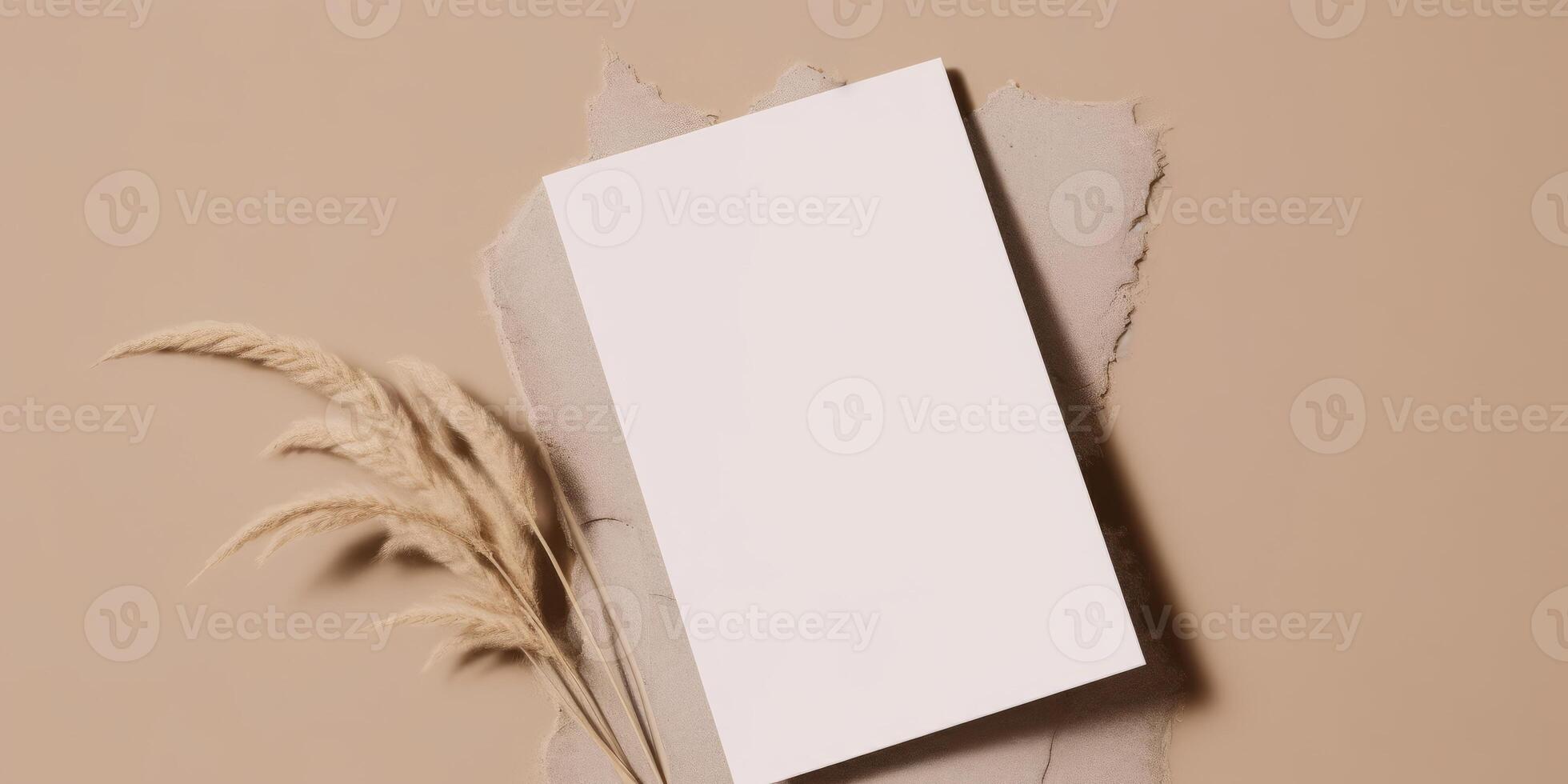 Mockup Paper Wedding Invitation Boho Minimal Style Greeting Card for Wedding Invitations and Birthday Stationery. Top View Flat Lay Copyspace. photo