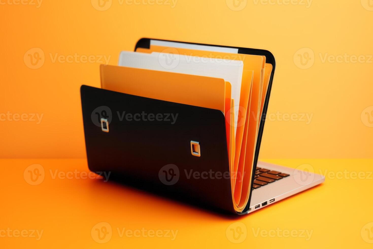 Laptop screen shows orange background with file folder, photo