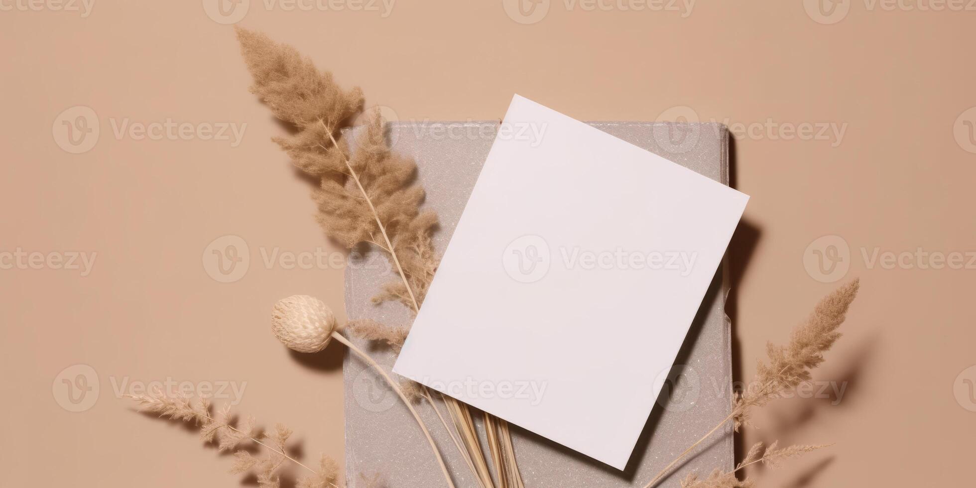 Mockup Paper Wedding Invitation Boho Minimal Style Greeting Card for Wedding Invitations and Birthday Stationery. Top View Flat Lay Copyspace. photo