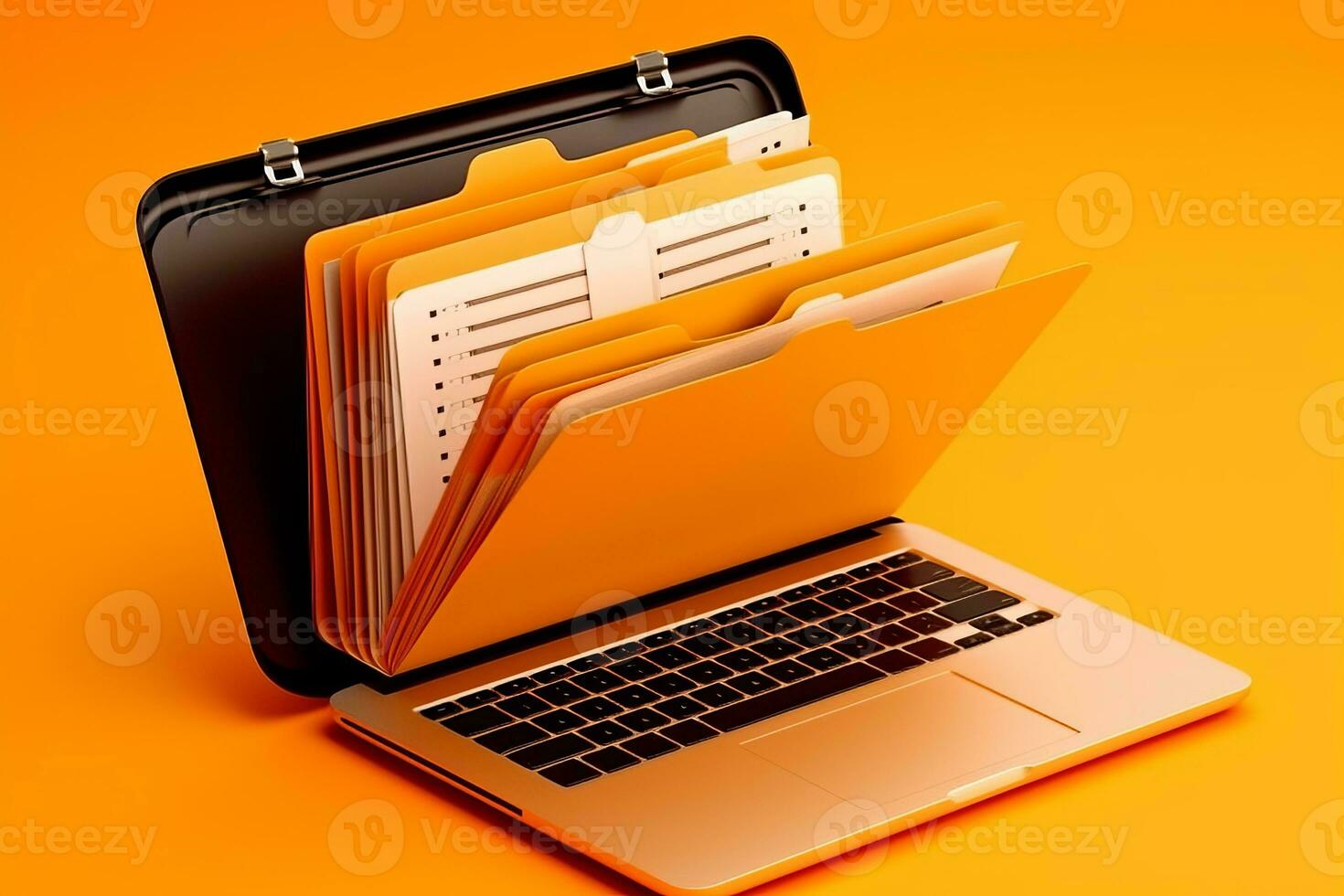 Laptop screen shows orange background with file folder, photo