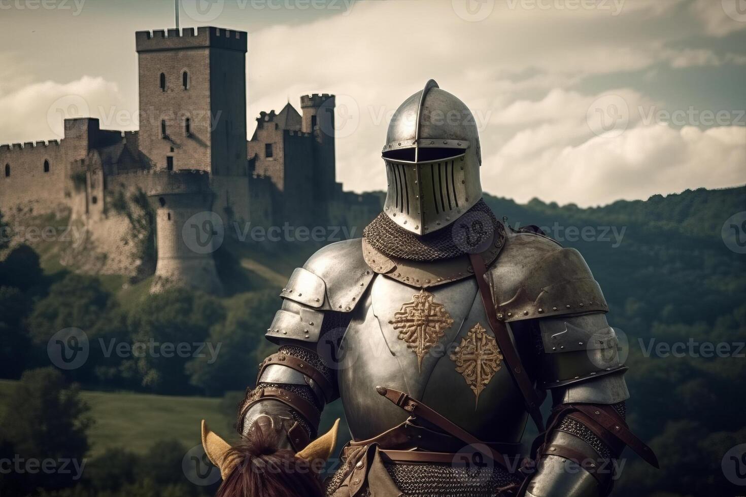 Medieval knight in armor with castle backdrop, photo