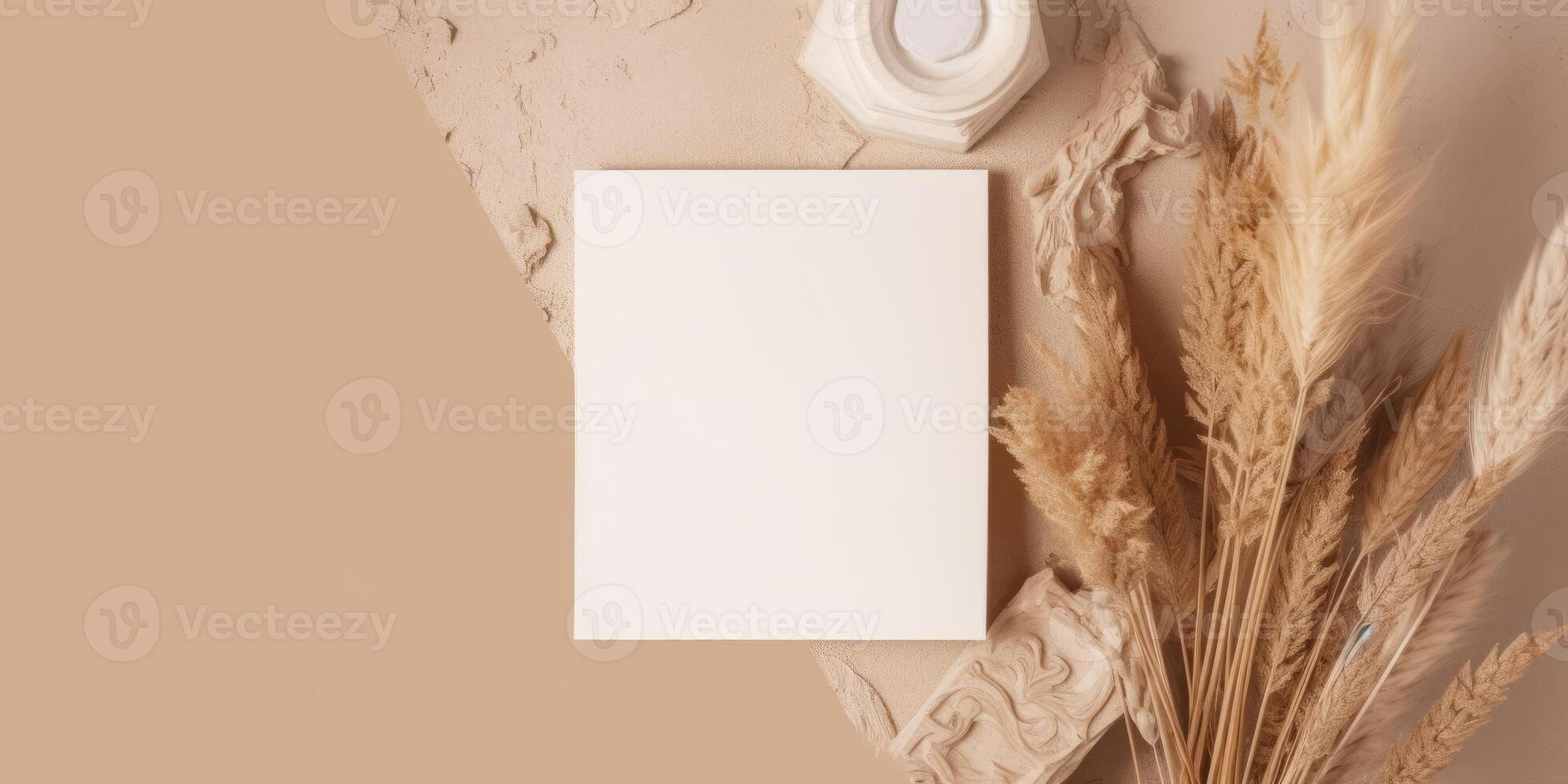 Mockup Paper Wedding Invitation Boho Minimal Style Greeting Card for Wedding Invitations and Birthday Stationery. Top View Flat Lay Copyspace. photo