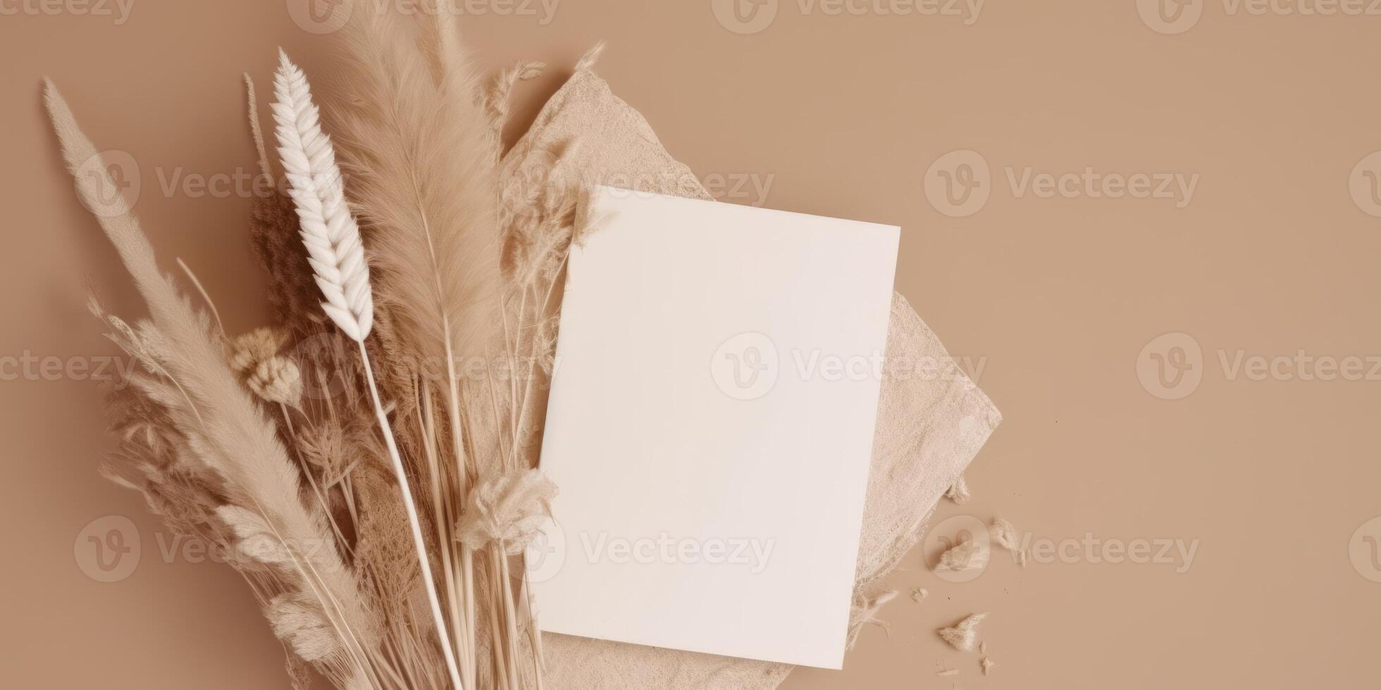 Mockup Paper Wedding Invitation Boho Minimal Style Greeting Card for Wedding Invitations and Birthday Stationery. Top View Flat Lay Copyspace. photo