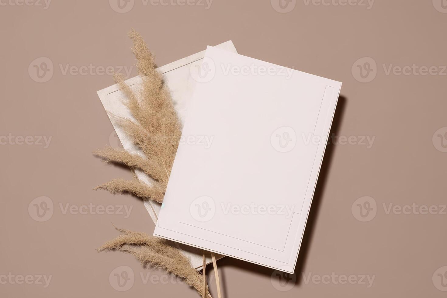 Mockup Paper Wedding Invitation Boho Minimal Style Greeting Card for Wedding Invitations and Birthday Stationery. Top View Flat Lay Copyspace. photo