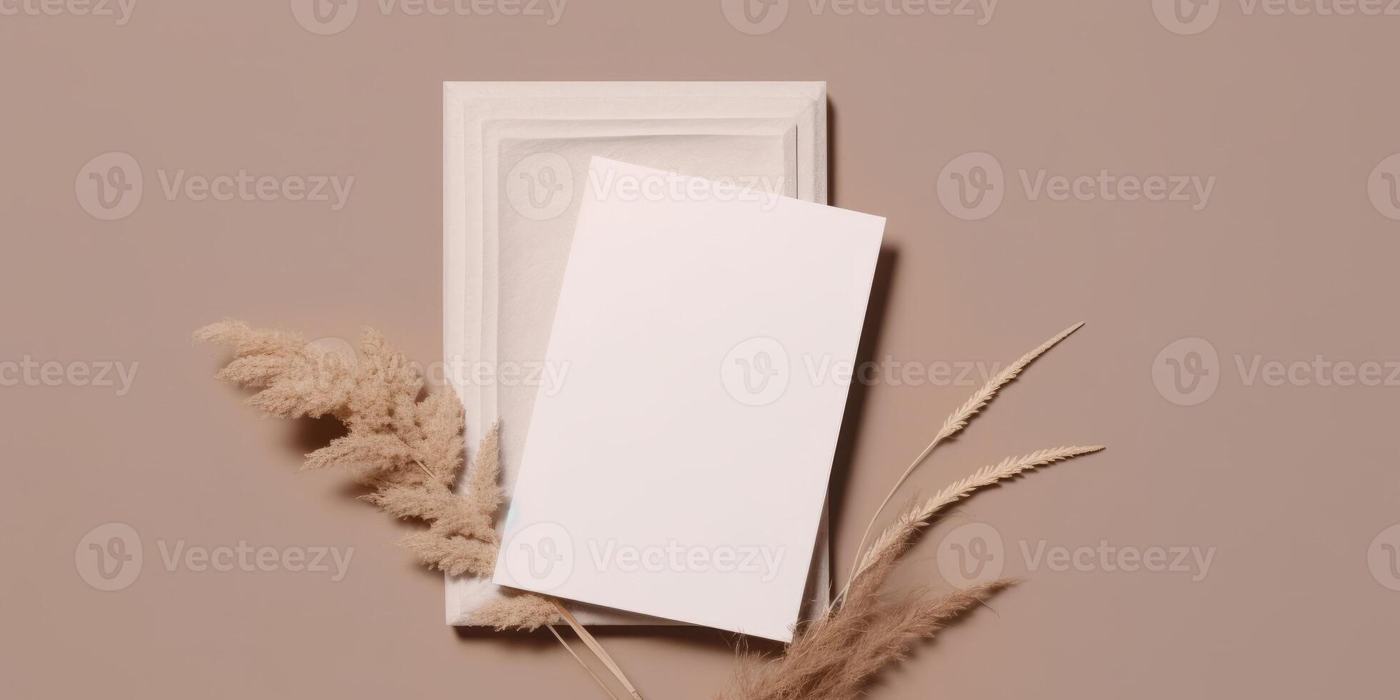 Mockup Paper Wedding Invitation Boho Minimal Style Greeting Card for Wedding Invitations and Birthday Stationery. Top View Flat Lay Copyspace. photo