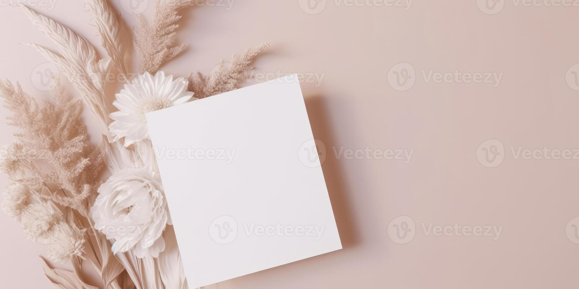 Mockup Paper Wedding Invitation Boho Minimal Style Greeting Card for Wedding Invitations and Birthday Stationery. Top View Flat Lay Copyspace. photo