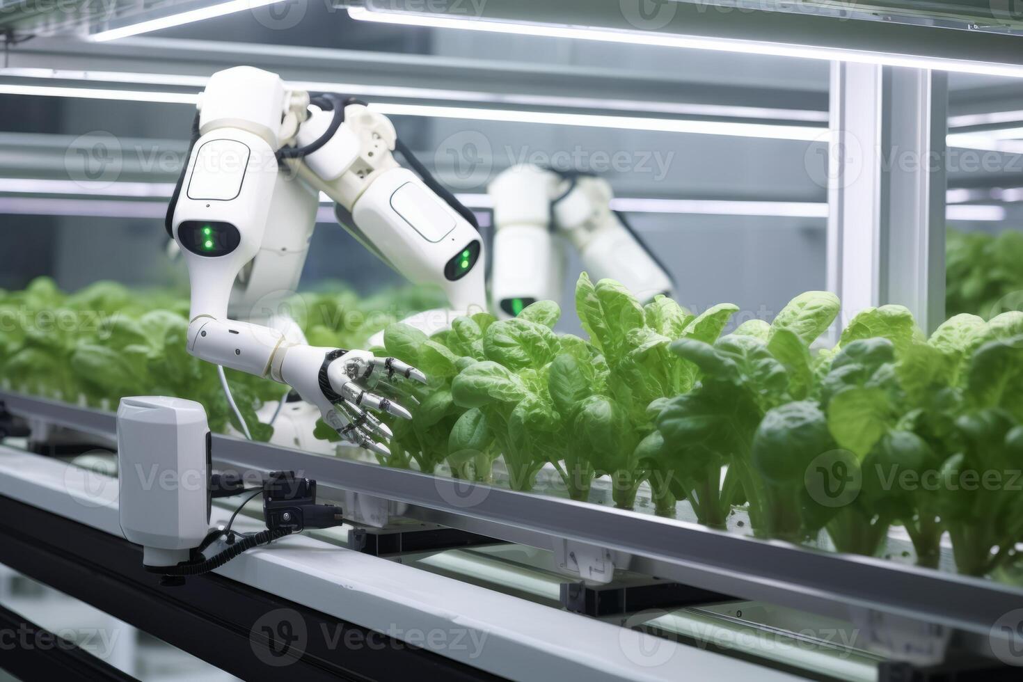 Robots Lettuce Plants in Lab Futuristic Robotic Farmers Transforming Agriculture with Advanced Technology Farm Automation photo