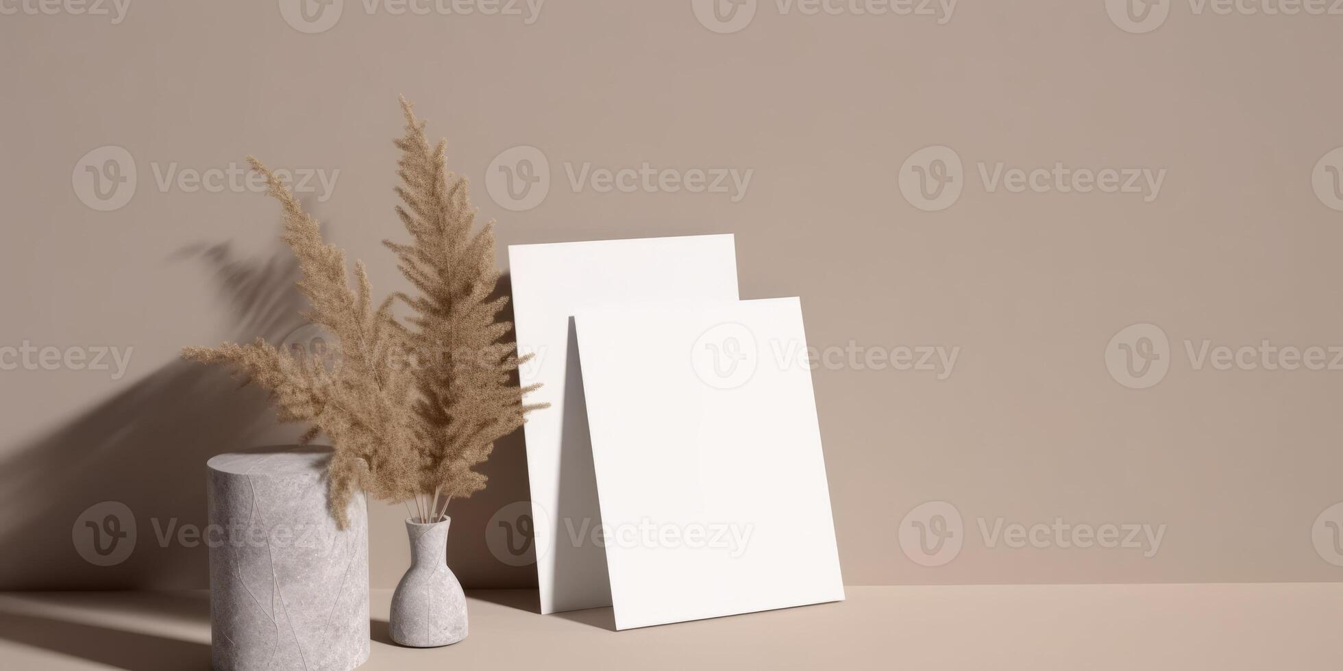 Mockup Paper Wedding Invitation Boho Minimal Style Greeting Card for Wedding Invitations and Birthday Stationery. Top View Flat Lay Copyspace. photo