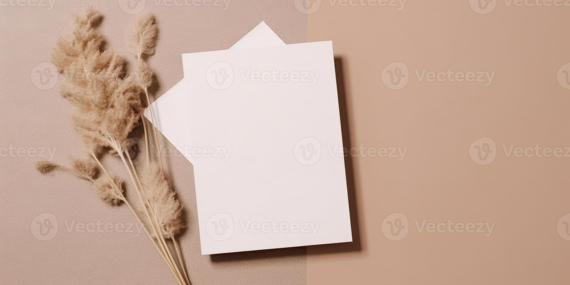 Mockup Paper Wedding Invitation Boho Minimal Style Greeting Card for Wedding Invitations and Birthday Stationery. Top View Flat Lay Copyspace. photo