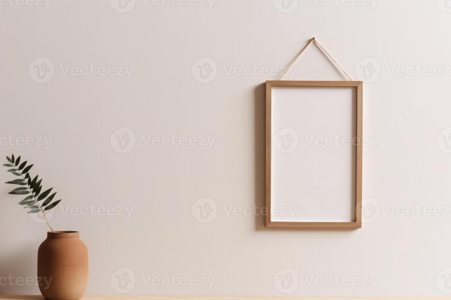 Blank Wooden Picture Frame Mockup Hanging on Wall Empty Poster Mockup for Art Display. Front View with Copy Space photo