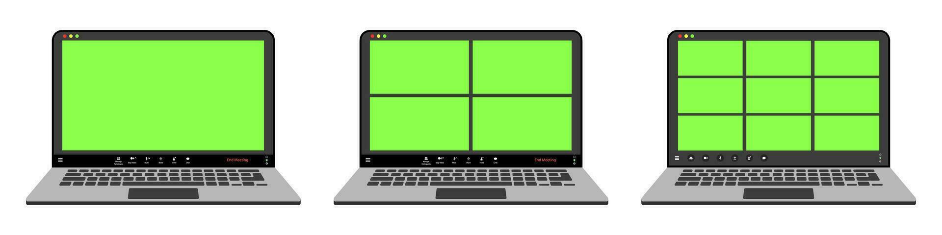 videollamada interfaces colocar, vídeo llamada pantalla íconos y ui modelo para computadora portátil, vector cubrir. vídeo conferencia o videollamada en línea charla Bosquejo con chromakey para ordenador portátil solicitud